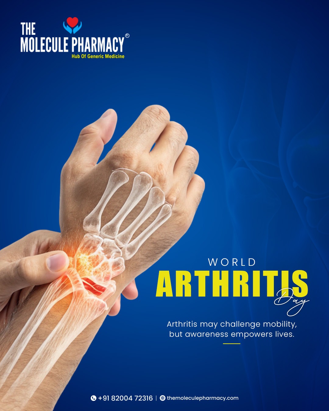 On World Arthritis Day, we amplify the message: Knowledge is power against pain. Arthritis can challenge mobility, but it should never steal your life. 
.
.
📞 Contact: +91 82004 72316
Location: https://themoleculepharmacy.com/store-locator/
Website: https://themoleculepharmacy.com/
.
.
.
#MoleculePharmacy #HealthIsWealth #AffordableHealth #GenericMedications #QualityCare #arthritisrelief