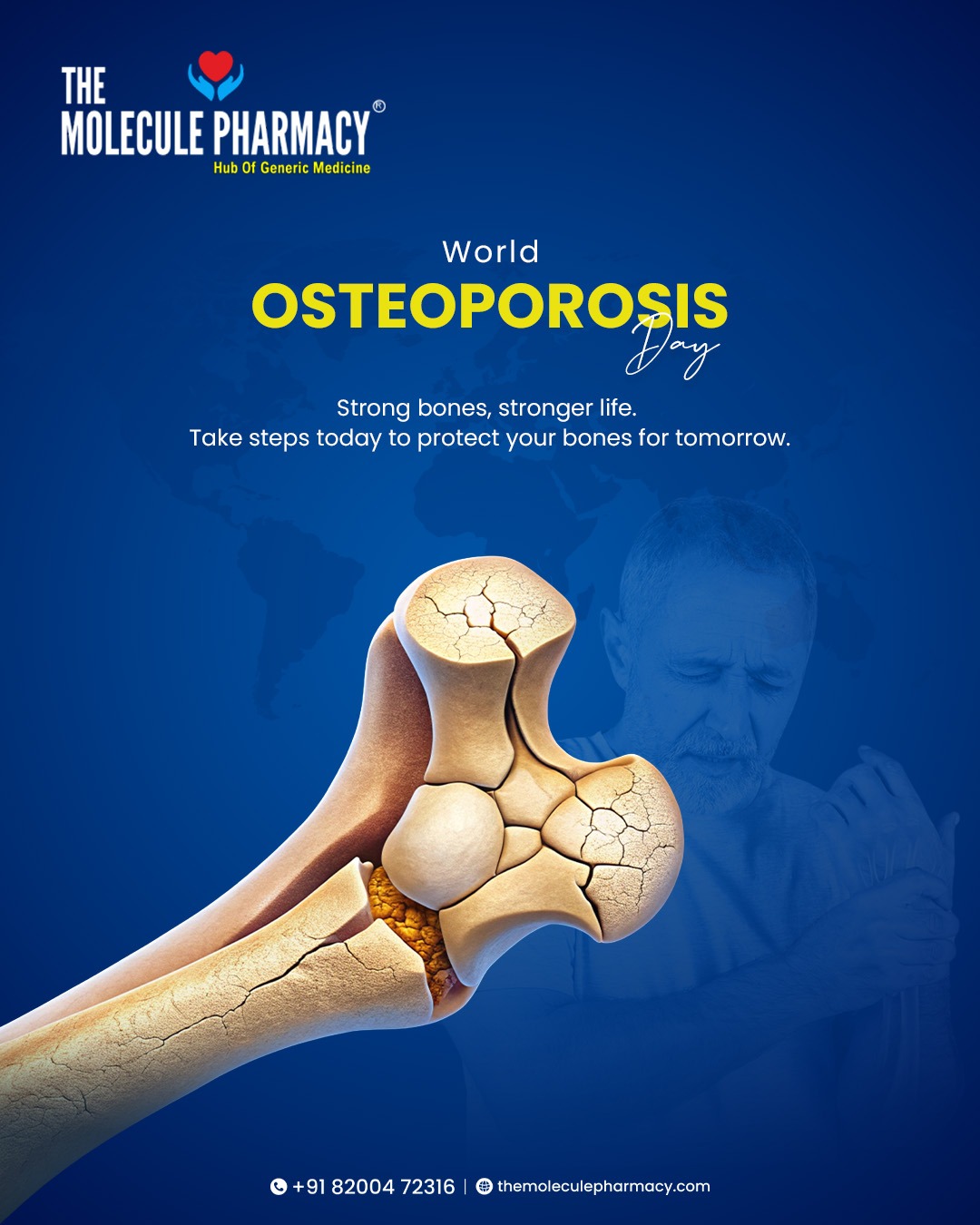 World Osteoporosis Day, remember that protecting your bones isn't just about managing today, it's about safeguarding your mobility for the future. Take steps today to protect your bones for tomorrow. Visit Molecule Pharmacy to discuss the right calcium, Vitamin D, and bone density support with our expert team.
.
.
📞 Contact: +91 82004 72316
Location: https://themoleculepharmacy.com/store-locator/
Website: https://themoleculepharmacy.com/
.
.
.
#MoleculePharmacy #HealthIsWealth #AffordableHealth #GenericMedications #QualityCare #arthritisrelief #osteoarthritisday
