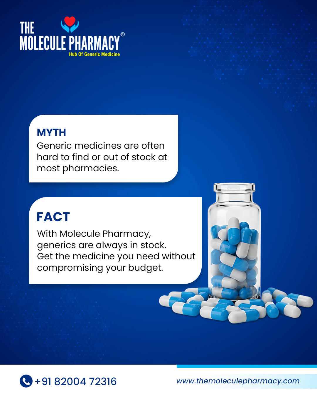 The myth is that generics are scarce. The Fact is that Molecule Pharmacy keeps a full stock of high-quality generics, so you never have to settle for the expensive branded option just because the generic was "out." Maximize your savings effortlessly!
.
Contact: +91 82004 72316
Location: https://themoleculepharmacy.com/store-locator/
Website: https://themoleculepharmacy.com/
.
#SavingsYouCanCountOn #GenericIsAvailable #BudgetFriendlyHealth #MythBuster
