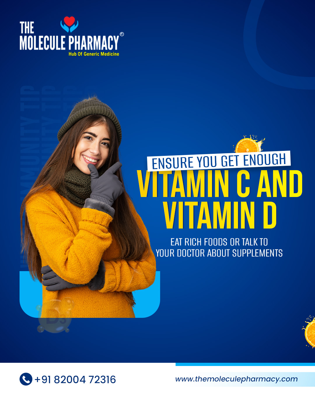 Make sure your diet is heavy on immune helpers like Vitamin C and D. If you're staying indoors a lot, Vitamin D supplementation becomes especially critical. Talk to your healthcare provider today—it's the simplest step to fight off winter sickness!
.
Contact: +91 82004 72316
Location: https://themoleculepharmacy.com/store-locator/
Website: https://themoleculepharmacy.com/
.
#ImmunityTip #DailyHealth #EatWell #ColdSeason