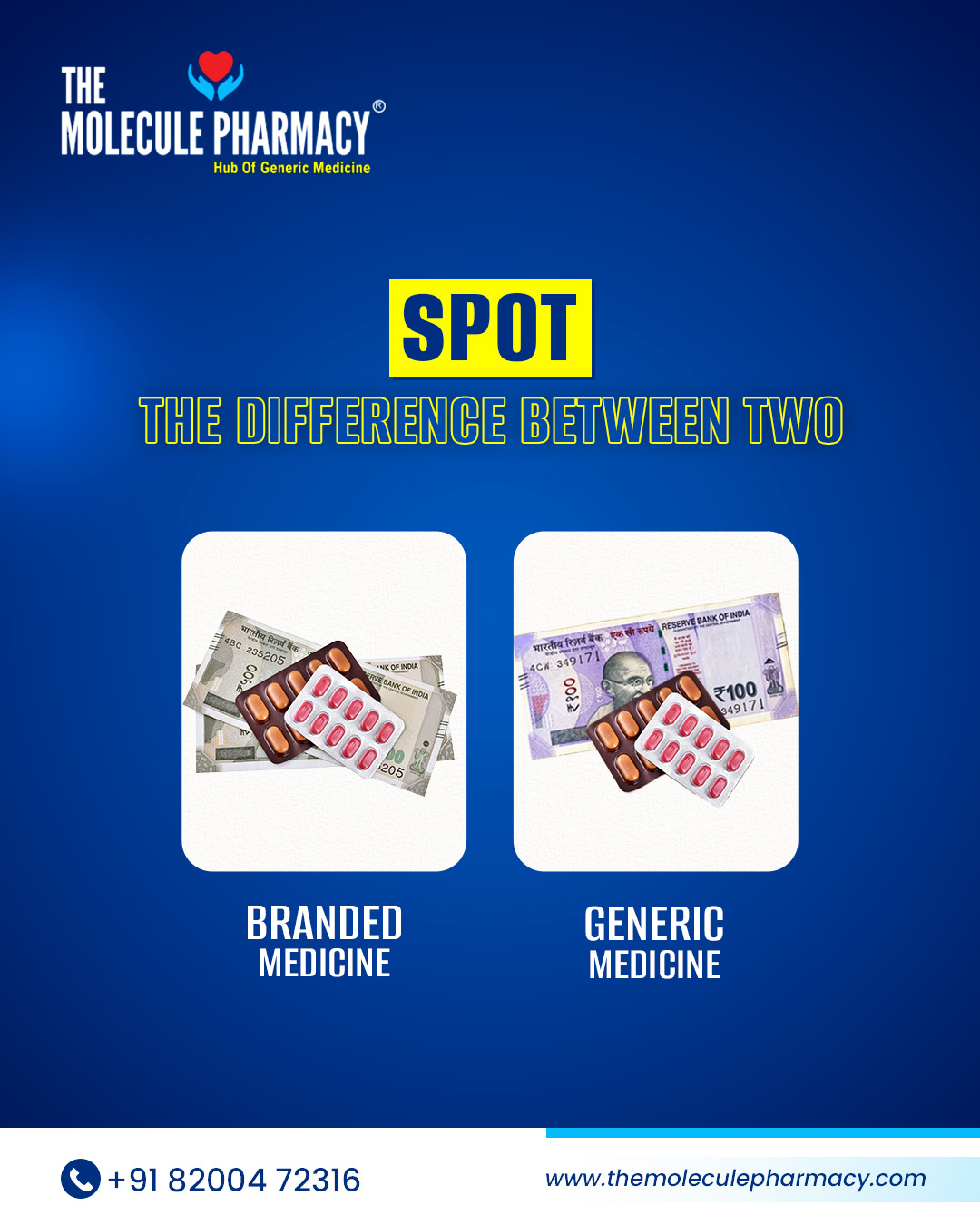 Spot the real difference: It's not in the quality or the cure, it's only in the massive savings in your pocket!
.
Contact: +91 82004 72316
Location: https://themoleculepharmacy.com/store-locator/
Website: https://themoleculepharmacy.com/
.
#SameCureSameQuality #GenericFacts #MedicineSavings