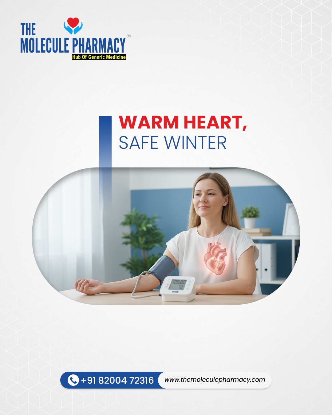 Cold weather can spike blood pressure. Monitor regularly and stay protected with home BP check tools.
.
Contact: +91 82004 72316
Location: https://themoleculepharmacy.com/store-locator/
Website: https://themoleculepharmacy.com/
.
#ColdWeather #BloodPressure #HealthMatters #StayHealthy #HomeBPCheck #MonitorYourHealth #HeartHealth #WinterWellness #StayProtected #HealthyLiving #PreventiveCare #BPMonitoring