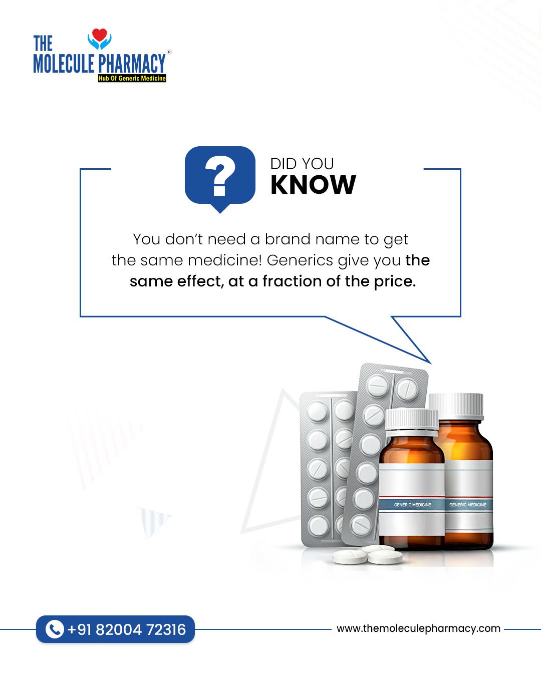 Brand name nahi, medicine ka kaam matter karta hai.
Generics Medicine = same effect, smarter choice.
.
Contact: +91 82004 72316
Location: https://themoleculepharmacy.com/store-locator/
Website: https://themoleculepharmacy.com/
.
#AffordableHealth #GenericMedicines #SmartChoices #HealthcareForAll #HealthMatters #QualityCare #MedicinesThatWork #AffordableMedicines #BetterHealth #HealthcareSavings #TheMoleculePharmacy