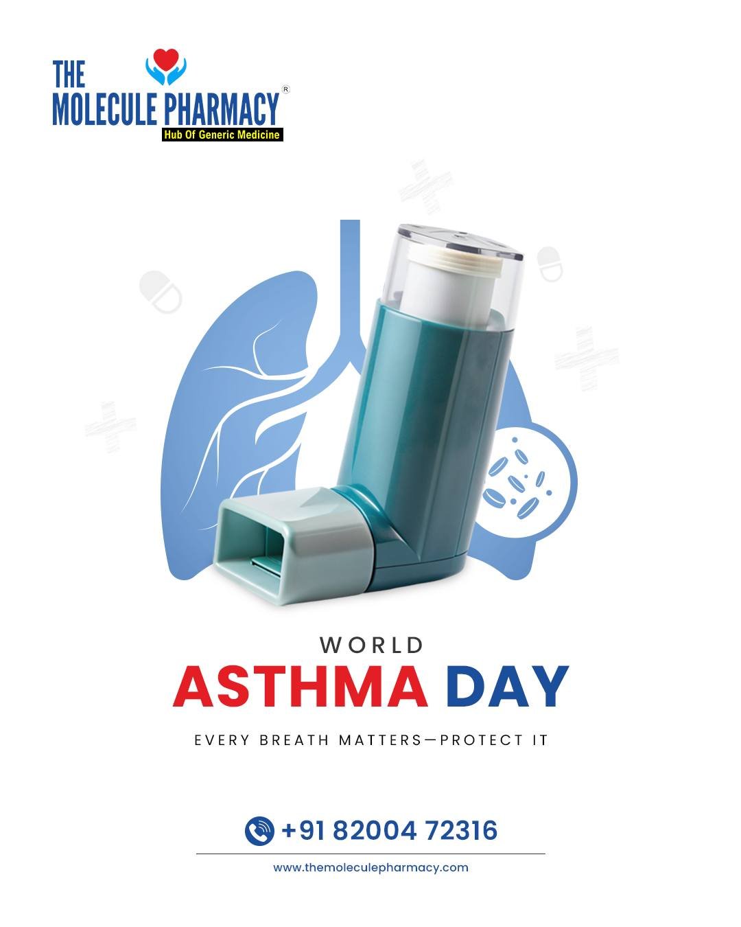 Can’t breathe properly? That’s your body asking for attention.

Asthma isn’t just “seasonal”—it’s serious, but manageable.

This World Asthma Day:
Take control, not chances.

At The Molecule Pharmacy, we make trusted treatment more affordable with high-quality generic medicines.

Because better breathing should be within everyone’s reach.
.
.
Contact: +91 82004 72316
Location: https://themoleculepharmacy.com/store-locator/
Website: https://themoleculepharmacy.com/
.
.
#MoleculePharmacy #WorldAsthmaDay #BreatheBetter #AsthmaCare #AffordableHealthcare