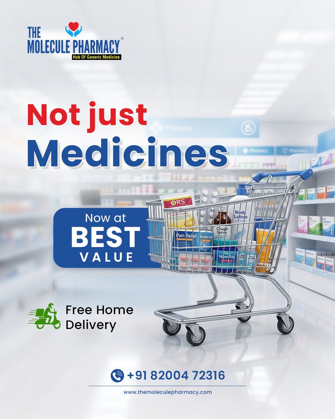 Aapki daily health needs ke liye sirf medicines hi nahi,
essential care products bhi ab milenge best value par.

Easy ordering, trusted products aur free home delivery ke saath healthcare aur convenient banaiye.

 Order now from The Molecule Pharmacy.

Contact: +91 82004 72316
Location: https://themoleculepharmacy.com/store-locator/
Website: https://themoleculepharmacy.com/

#TheMoleculePharmacy #PharmacyCare #BestValueDeals #HomeDelivery #DailyEssentials