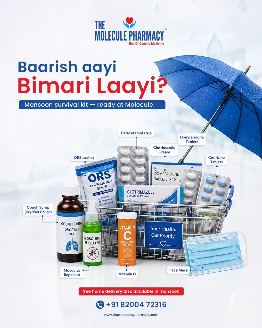 Monsoon = chai + pakode + ✨bimari✨ 😅
.
Iss baarish mein dengue, viral fever, aur stomach infections ka risk badh jata hai. Apne ghar mein ye 5 cheez zaroor rakho:
.
1️⃣ ORS sachets
2️⃣ Paracetamol
3️⃣ Mosquito repellent
4️⃣ Vitamin C tablets
5️⃣ Hand sanitizer
.
Sab kuch generic price par — Molecule Pharmacy par. Ek hi visit, full season ki tayyari. 💪

Visit The Molecule Pharmacy today.
.
Contact: +91 82004 72316
.
Location: https://themoleculepharmacy.com/store-locator/
.
Website: https://themoleculepharmacy.com/
.
#MonsoonHealth #MonsoonCare #DengueAwareness #ViralFever #MoleculePharmacy