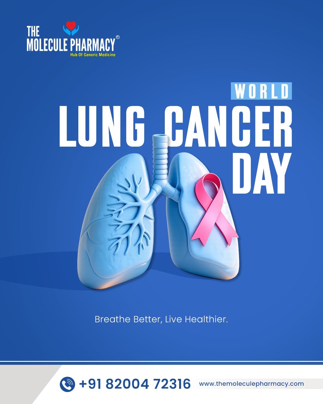 Every breath matters.
.
 This World Lung Cancer Day, let’s spread awareness, avoid harmful habits, and encourage timely health check-ups for a healthier tomorrow. 💙

Take the first step towards better respiratory health with Moleclue Pharmacy.
.
Visit The Molecule Pharmacy today.
.
Contact: +91 82004 72316
.
Location: https://themoleculepharmacy.com/store-locator/
.
Website: https://themoleculepharmacy.com/

#WorldLungCancerDay #LungHealth #BreatheBetter #HealthAwareness #MolecluePharmacy