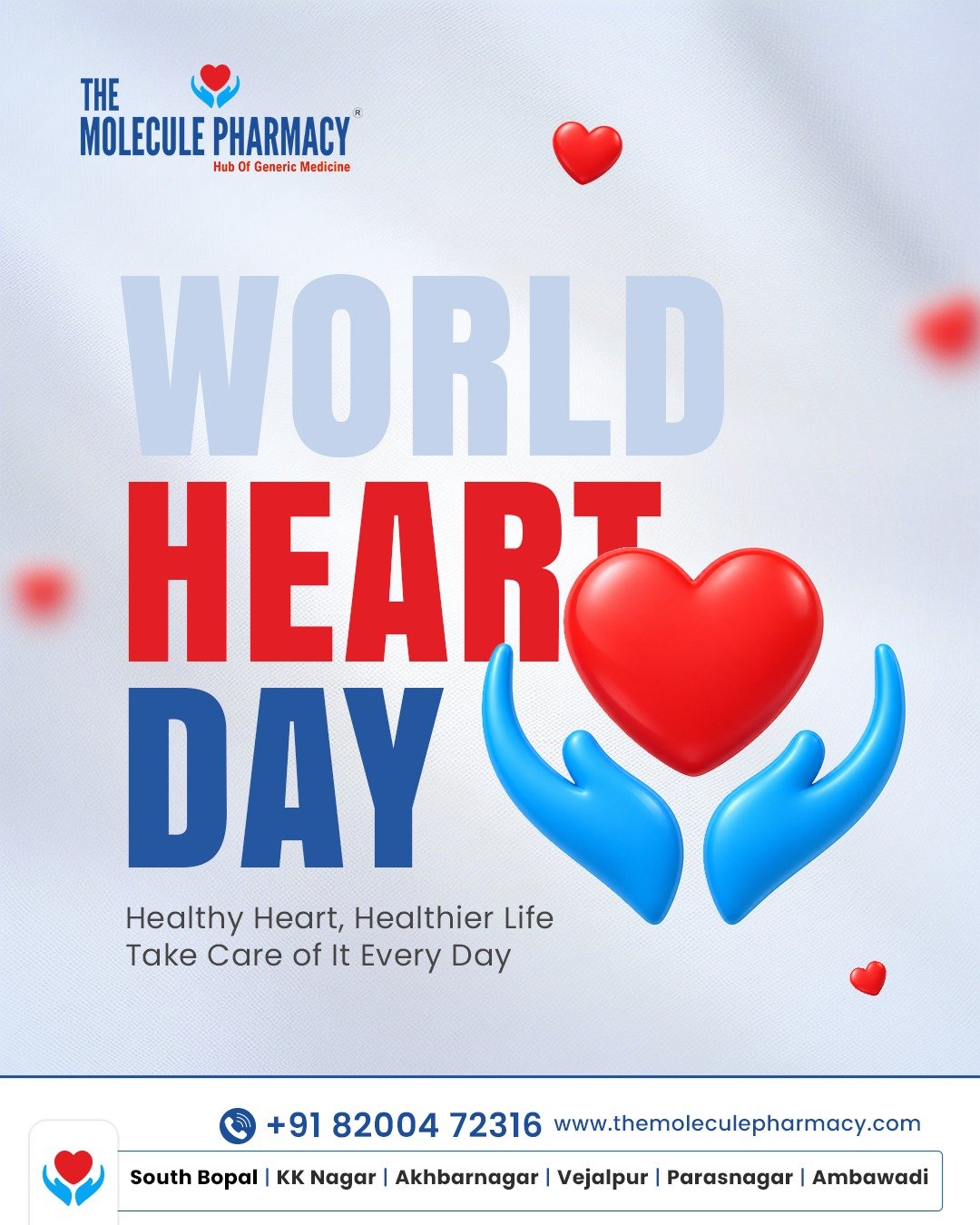 A healthy heart is the foundation of a healthier life. ❤️
.
Small everyday choices like staying active, eating balanced meals, managing stress, and taking medicines responsibly can make a big difference to your heart health.
.
This World Heart Day, make your heart a priority — not just today, but every day.
.
For the right medicine guidance and everyday healthcare support, visit Moleclue Pharmacy.
.
📍 Available at our stores across Ahmedabad.
South bopal , KK Nagar , Akhbarnagar , Vejalpur , Parasnagar , Ambawadi
📞 +91 82004 72316
.
#WorldHeartDay #HealthyHeart #HeartHealth #HealthierLife #TakeCareOfYourHeart