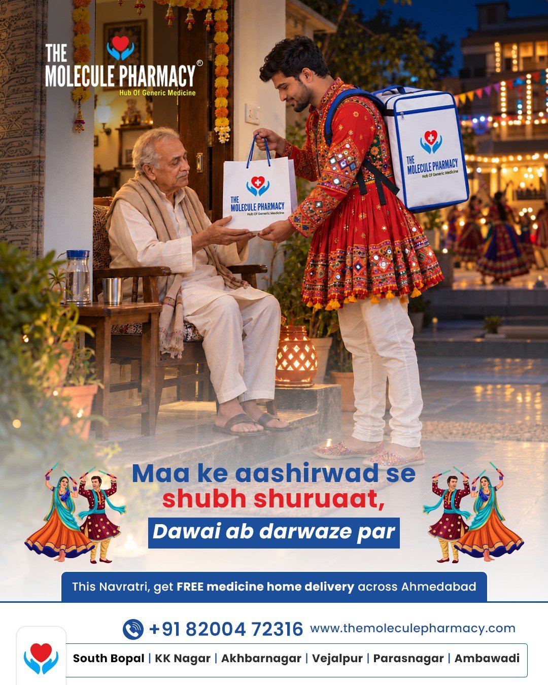 This Navratri, let celebrations reach every home and care reach every doorstep! 🪔✨
.
With Maa Durga’s blessings, begin the festive season with good health, happiness, and peace of mind. ❤️
.
💊 The Molecule Pharmacy brings FREE medicine home delivery across Ahmedabad!
.
Celebrate Navratri with your loved ones, while we take care of your medicine needs. 🚚
.
📍 South Bopal | KK Nagar | Akhbarnagar | Vejalpur | Parasnagar | Ambawadi
📞 Call Now: +91 82004 72316
🌐 www.themoleculepharmacy.com
.
#TheMoleculePharmacy #Navratri2026 #FreeMedicineDelivery #AhmedabadPharmacy #HealthcareAtYourDoorstep